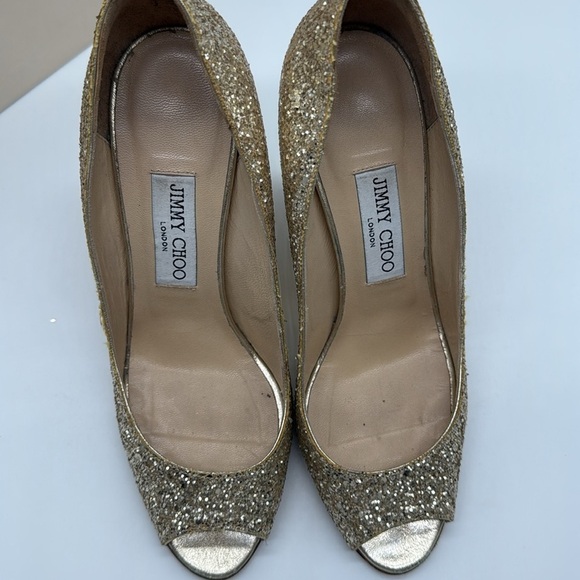 Jimmy  Choo Baxen Woven Metallic Peep Toe Wedge Heels Gold Glitter Size 38 - Picture 7 of 16
